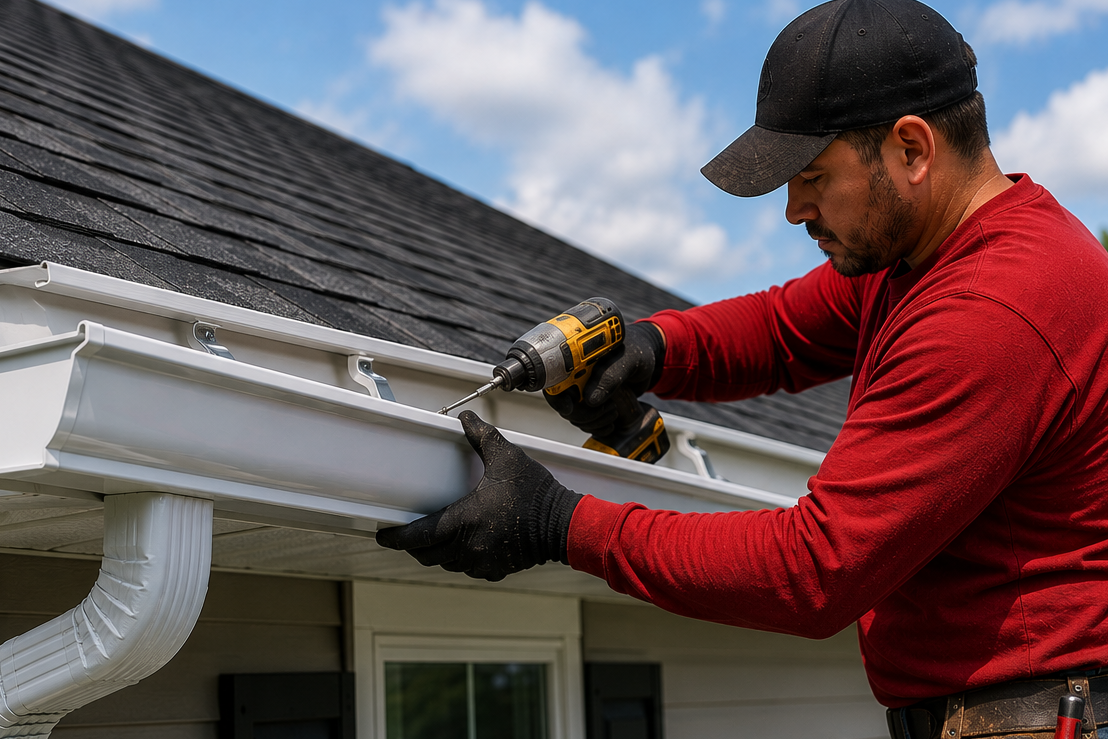 Roofer installing seamless gutter system with drill on home in Groves TX