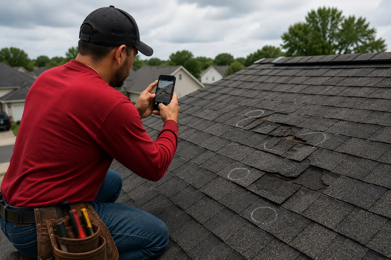 Storm Damage Roof Inspection Groves TX | Droddy Roofing Roofer documenting storm damage on shingle roof with phone in Groves TX
