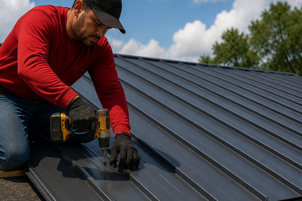 Roofer installing metal roofing panels with drill on residential roof in Groves TX