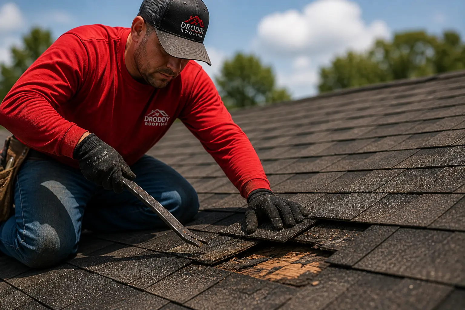 Roofer repairing damaged asphalt shingles on residential roof in Groves TX