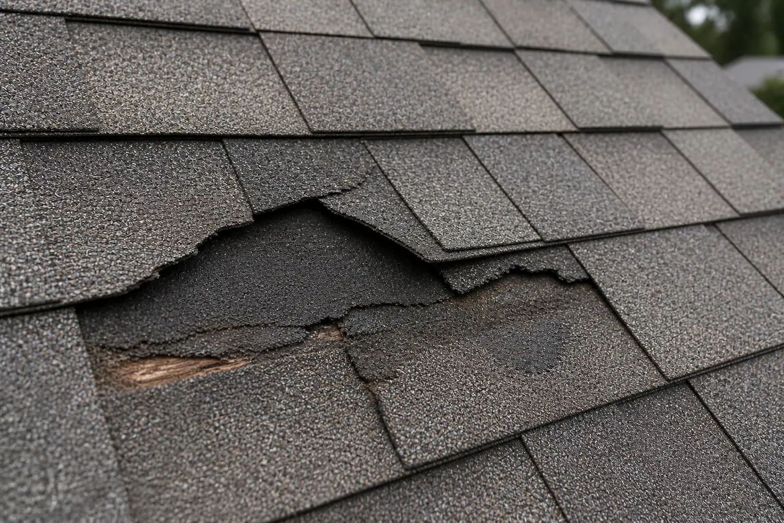 Roof Repair Groves TX Damaged asphalt shingles needing roof repair in Groves TX