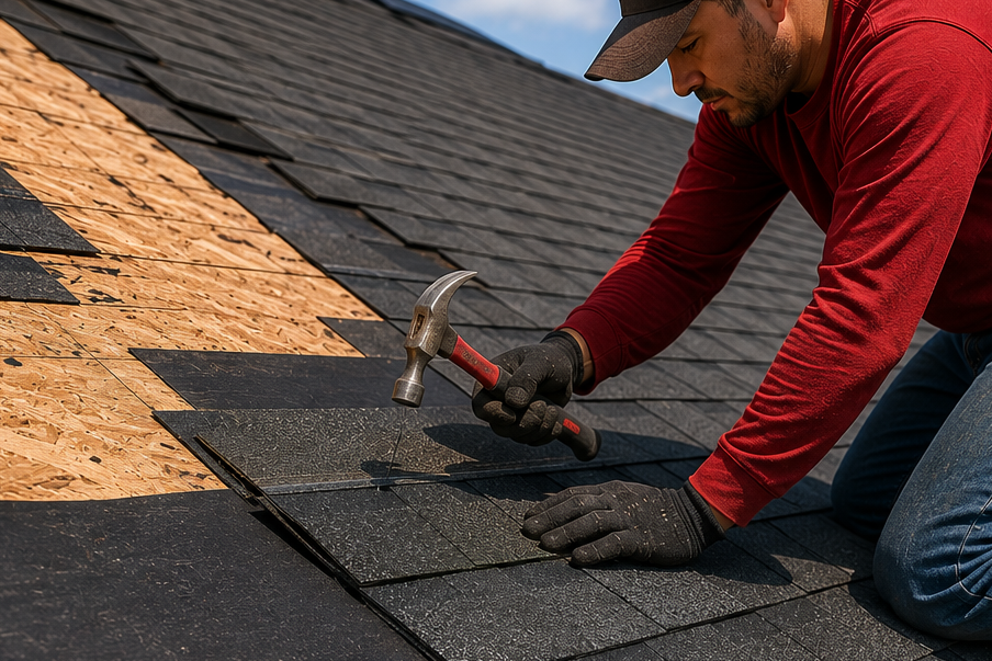 Roofer installing asphalt shingles with hammer on residential roof in Groves TX